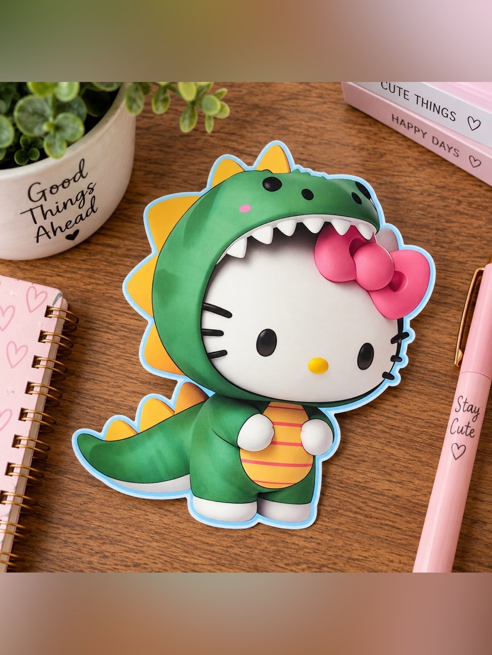 Hello Kitty Green Dinosaur Plush-Style Sticker with Pink Bow